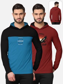 BULLMER - Printed Full Sleeve Hooded T-shirt For Men Multi-color (Pack of 2)