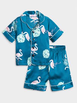 Hopscotch - Girls Blue Flamingo Print Shirt and Shorts