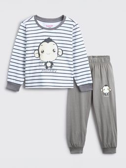 Hopscotch - Unisex White and Grey Stripe Print T-Shirt and Pyjama