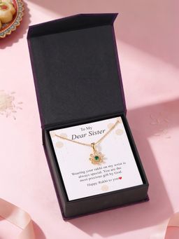 Ornate Jewels - 925 Silver Yellow Gold Green Emerald Flower Pendant with Chain for Women & Girls