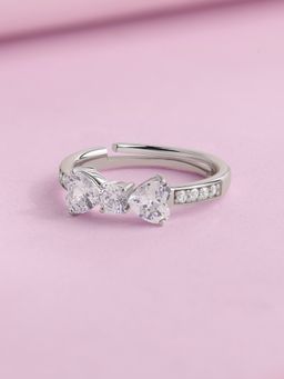 Ornate Jewels - 925 Silver Rhodium Plated Heart American Diamond Bow Ring for Women & Girls