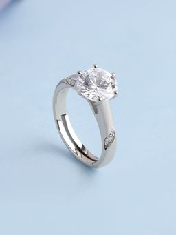 Ornate Jewels - 925 Silver Rhodium Plated American Diamond Solitaire Ring for Women & Girls