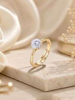 Ornate Jewels - 925 Silver Yellow Gold CZ Stone Solitaire Adjustable Ring for Women & Girls