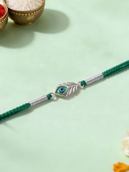 Ornate Jewels - 925 Silver Rhodium Plated Mor Pankh Thread Rakhi With Roli Chawal for Brother