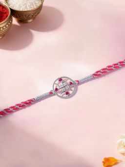 Ornate Jewels - 925 Silver Rhodium Plated Red Ruby Swastik Thread Rakhi With Roli Chawal for Brother