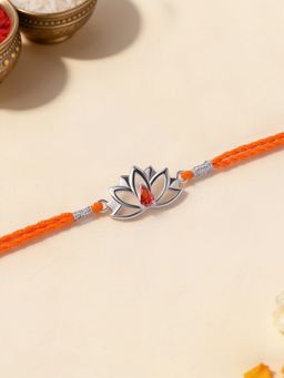Ornate Jewels - 925 Silver Red Garent Divine Lotus Thread Rakhi With Roli Chawal