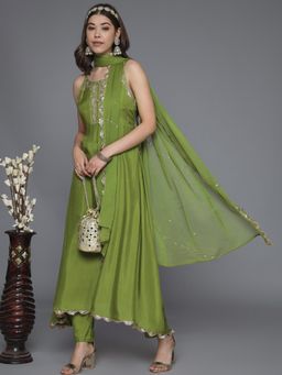 Heeposh - Green Zari Embroidered Flared Kurta and Pants with Embellished Dupatta (Set of 3)