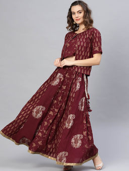 Pannkh - Women Foil Printed Top With Skirt And Shrug (Set of 3)