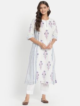 Fabindia - White Cotton Printed Long Kurta