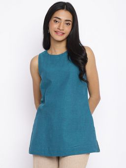Fabindia - Teal Cottons Slim Fit Short Kurti
