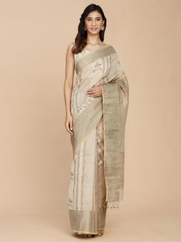 Fabindia - Beige Cotton Silk Hand Block Printed Saree