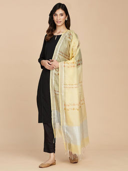 Fabindia - Yellow Cotton Silk Blend Hand Block Printed Dupatta