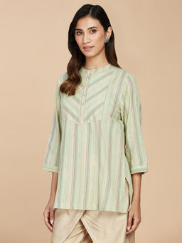 Fabindia - Green Cotton Blend Stripes Slim Fit Short Kurti