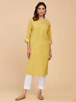 Fabindia - FabBasics Yellow Cotton Straight Long Kurta