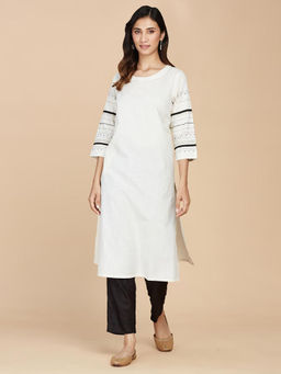 Fabindia - Off White Cotton Embroidered Long Kurta