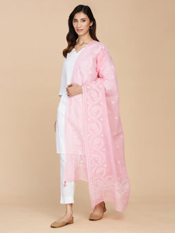 Fabindia - Pink Cotton Silk Chikankari Embroidered Dupatta