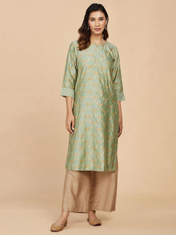 Fabindia - Green Cotton Silk Hand Block Printed Long Kurta
