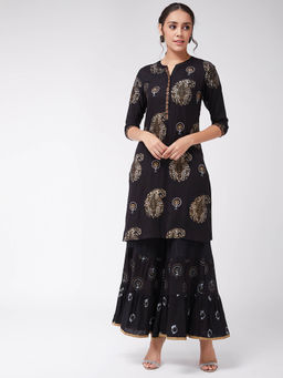 Pannkh - Women Straight Fit Foil Printed Kurta With Sharara