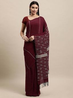 ArtEastri - Maroon Cotton Kantha Saree with Unstitched Blouse Piece