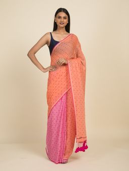 Suta - Orange and Pink Polka Doted Cotton Saree