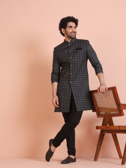 KISAH - Mens Black Jacquard Indowestern Sherwani and Churidar (Set of 2)