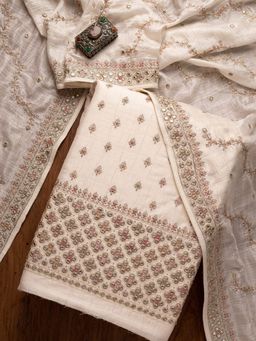 Koskii - Cream Mirrorwork Raw Silk Unstitched Salwar Suit (Set of Three)