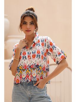 Rain & Rainbow - Women White Geometric Print Roll-up Pure Cotton Shirt Style