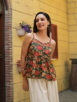 Rain & Rainbow - Women Green Printed Sleeveless Spagheti Strap Top