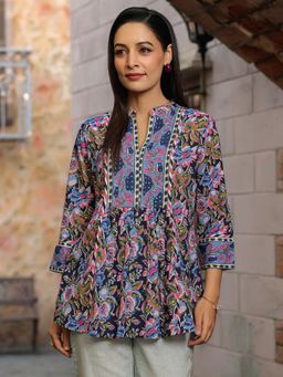 Rain & Rainbow - Women Blue Floral Printed A-line Empire Longline Cotton Top