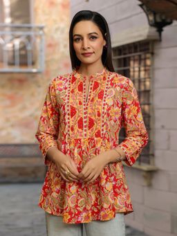 Rain & Rainbow - Women Red Floral Printed A-line Empire Longline Cotton Top