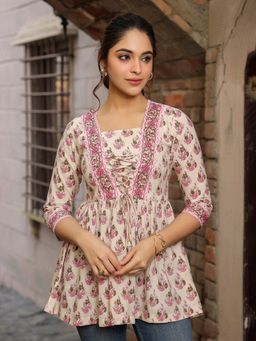 Rain & Rainbow - Women Beige Floral Printed Pure Cotton Empire Top