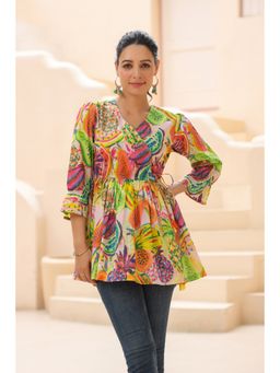 Rain & Rainbow - Women Printed Three Four Sleeve Pure Cotton Empire Top