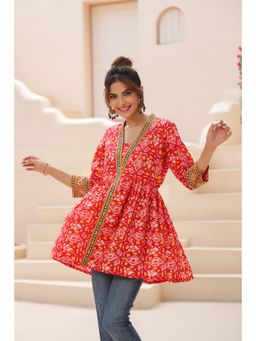 Rain & Rainbow - Women Red Ikat Printed Empire Long Line Top