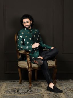 Vastramay - Mens Green and Black Viscose Sherwani and Pant (Set of 2)