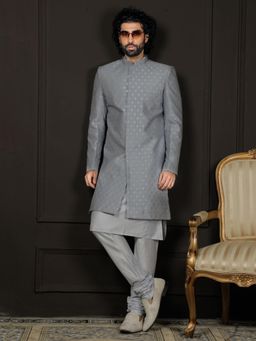 Vastramay - Mens Aqua and Powder Blue Viscose Sherwani and Chudidar (Set of 2)