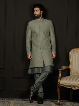 Vastramay - Mens Green and Olive Green Viscose Sherwani and Chudidar (Set of 2)