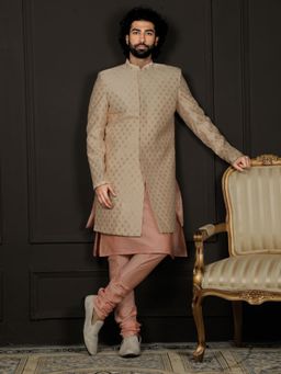 Vastramay - Mens Peach Viscose Sherwani and Chudidar (Set of 2)