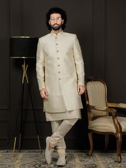 Vastramay - Mens Cream Viscose Sherwani with Chudidar (Set of 2)