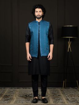 Vastramay - Mens Black and Turquoise Viscose Jacket, Kurta and Pyjama (Set of 3)