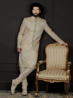 Vastramay - Mens Gold and Cream Viscose Jodhpuri and Kurta with Chudidar (Set of 3)