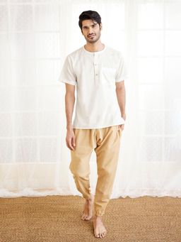 Vastramay - Mens White and Beige Cotton Kurta Pyjama (Set of 2)