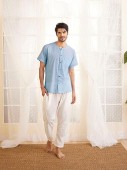 Vastramay - Mens Aqua and White Cotton Kurta Pyjama (Set of 2)