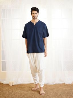 Vastramay - Mens Navy Blue and White Cotton Kurta Pyjama (Set of 2)