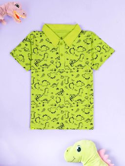 KiddoPanti - Boys Green Dino Aop Printed Polo T-Shirt