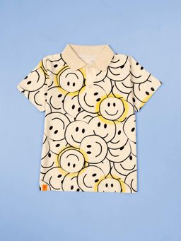 KiddoPanti - Boys Cream Smiley Aop Printed Polo T-Shirt
