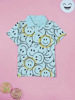 KiddoPanti - Boys Blue Smiley Aop Printed Polo T-Shirt