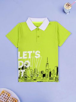 KiddoPanti - Boys Green Lets Do It City Printed Polo T-Shirt