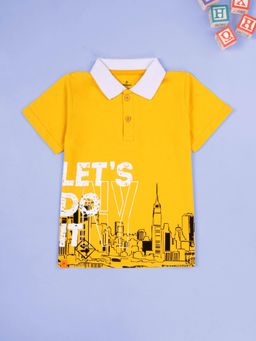 KiddoPanti - Boys Yellow Lets Do It City Printed Polo T-Shirt