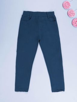KiddoPanti - Girls Blue Solid Slim Fit Stretchable Twill Jeggings
