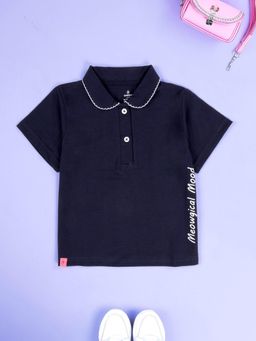 KiddoPanti - Girls Navy Blue Smiling Kitty and Heart Printed Polo T-Shirt